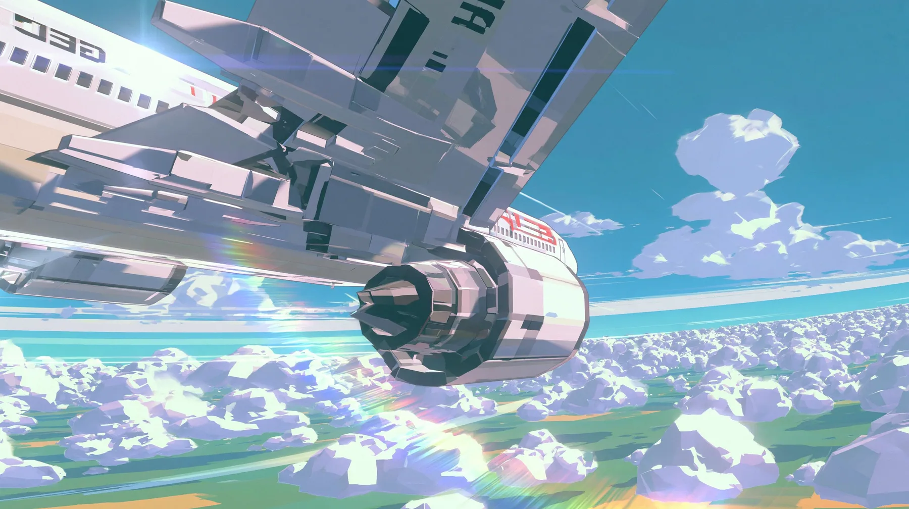 A low-poly airliner flying above an endless field of low-poly clouds, seen from a low camera on its wing, a low-poly 3D video game render, flat-shaded chunky polygons, low-resolution painted textures, crisp aliased…