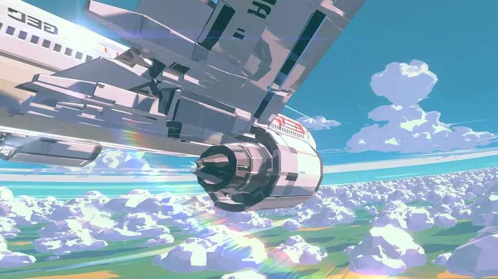 A low-poly airliner flying above an endless field of low-poly clouds, seen from a low camera on its wing, a low-poly 3D video game render, flat-shaded chunky polygons, low-resolution painted textures, crisp aliased…