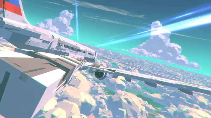 A low-poly airliner flying above an endless field of low-poly clouds, seen from a low camera on its wing, a low-poly 3D video game render, flat-shaded chunky polygons, low-resolution painted textures, crisp aliased…