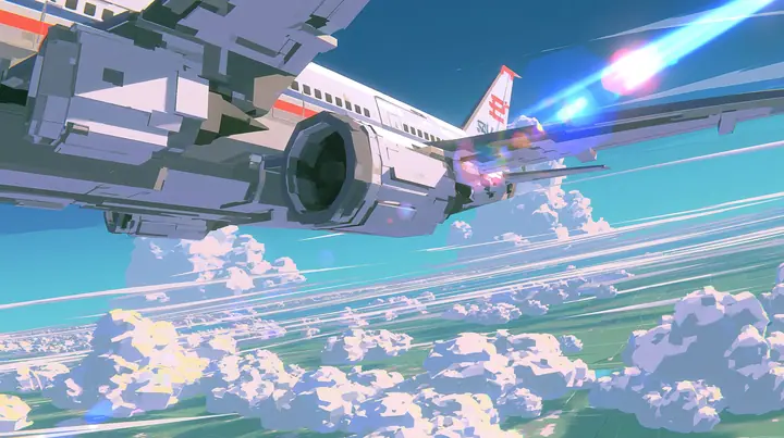 A low-poly airliner flying above an endless field of low-poly clouds, seen from a low camera on its wing, a low-poly 3D video game render, flat-shaded chunky polygons, low-resolution painted textures, crisp aliased…