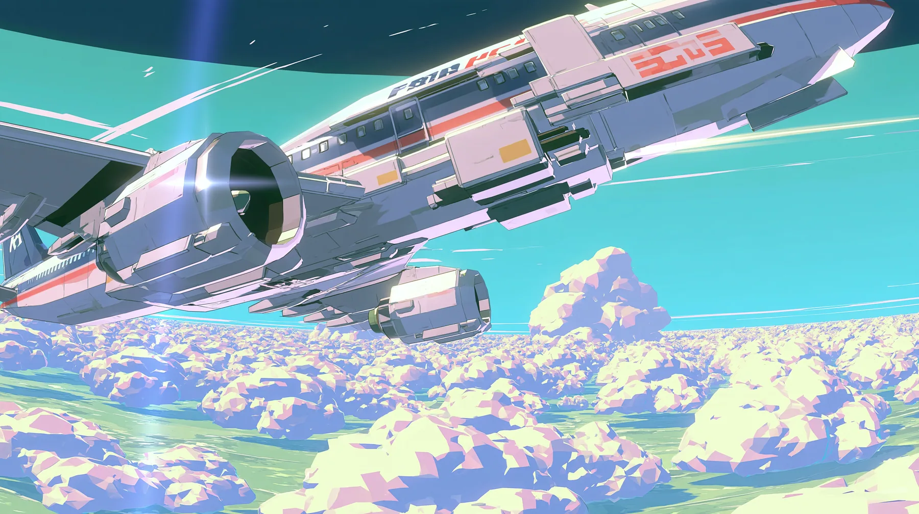 A low-poly airliner flying above an endless field of low-poly clouds, seen from a low camera on its wing, a low-poly 3D video game render, flat-shaded chunky polygons, low-resolution painted textures, crisp aliased…