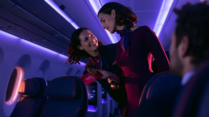 Jet-set high fashion editorial, a couture magazine story shot on a night flight: over the shoulder of a passenger in a window seat, an elegant flight attendant in her forties in a fitted plum-coloured dress and a…