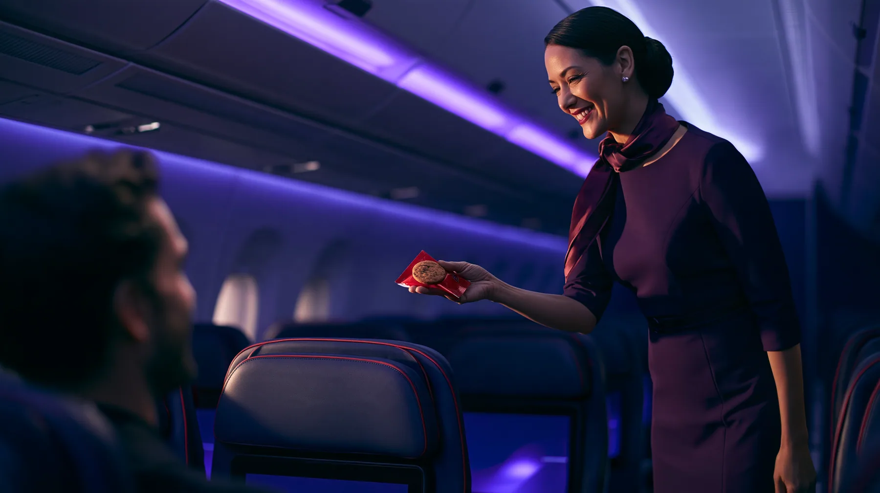 Jet-set high fashion editorial, a couture magazine story shot on a night flight: over the shoulder of a passenger in a window seat, an elegant flight attendant in her forties in a fitted plum-coloured dress and a…