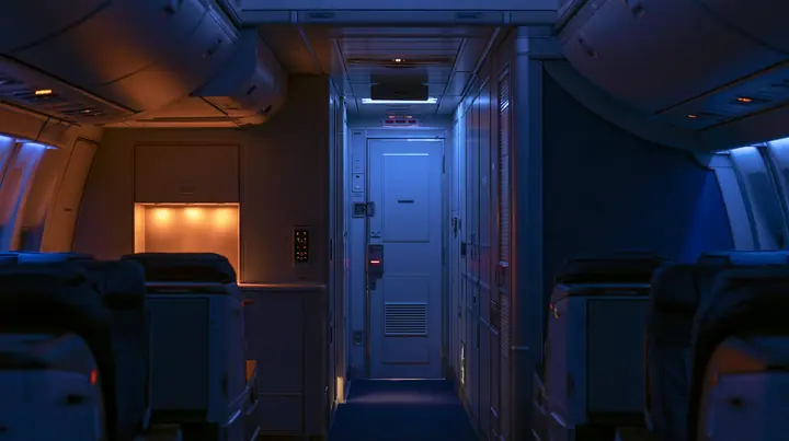 Jet-set editorial: from the first-class aisle of an airliner at night looking toward the closed cockpit door, a small keypad with a red light on the wall beside it, warm galley lights, indigo mood lighting,…