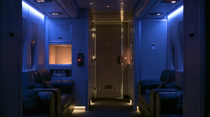 Jet-set editorial: from the first-class aisle of an airliner at night looking toward the closed cockpit door, a small keypad with a red light on the wall beside it, warm galley lights, indigo mood lighting,…