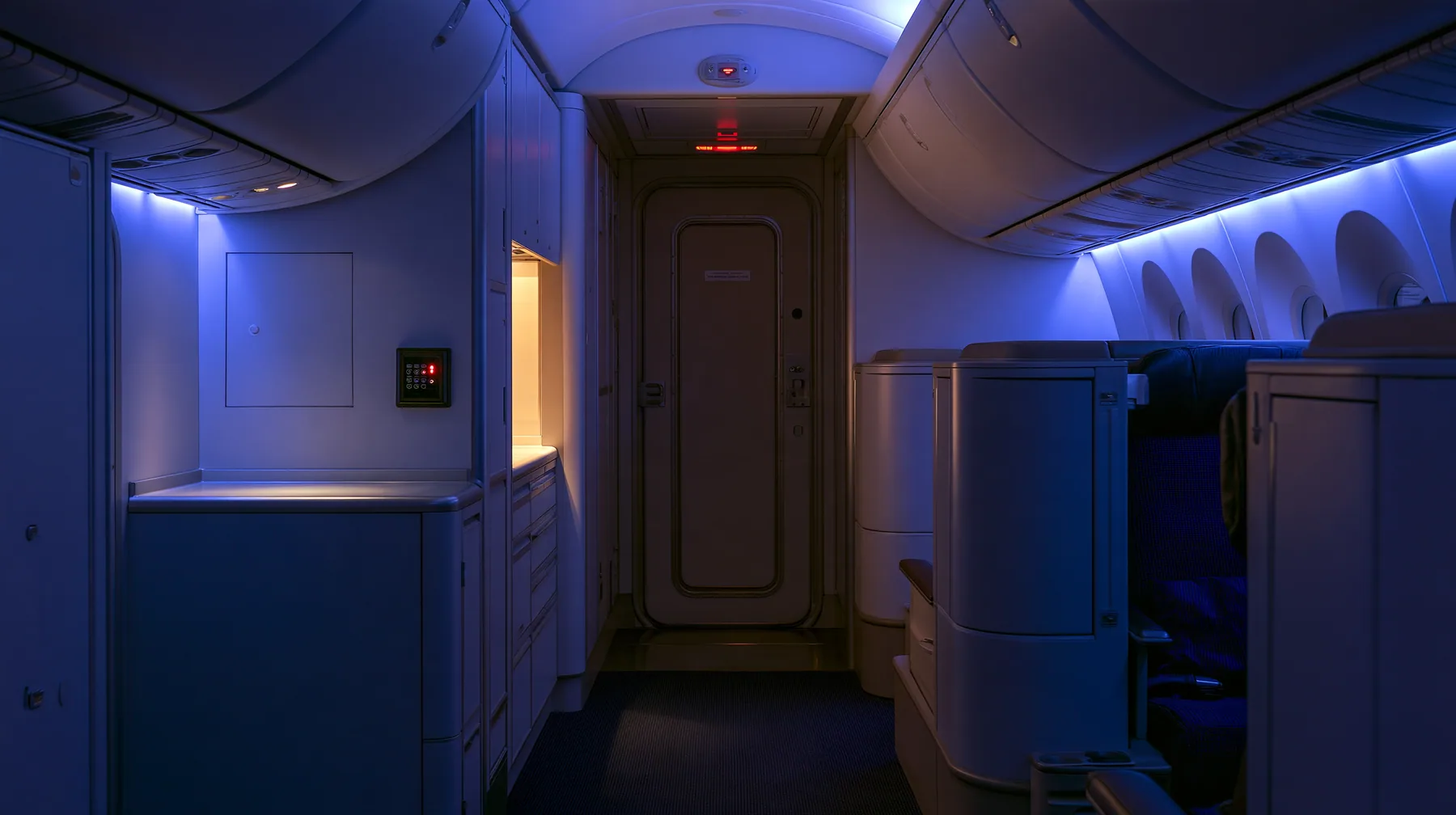 Jet-set editorial: from the first-class aisle of an airliner at night looking toward the closed cockpit door, a small keypad with a red light on the wall beside it, warm galley lights, indigo mood lighting,…