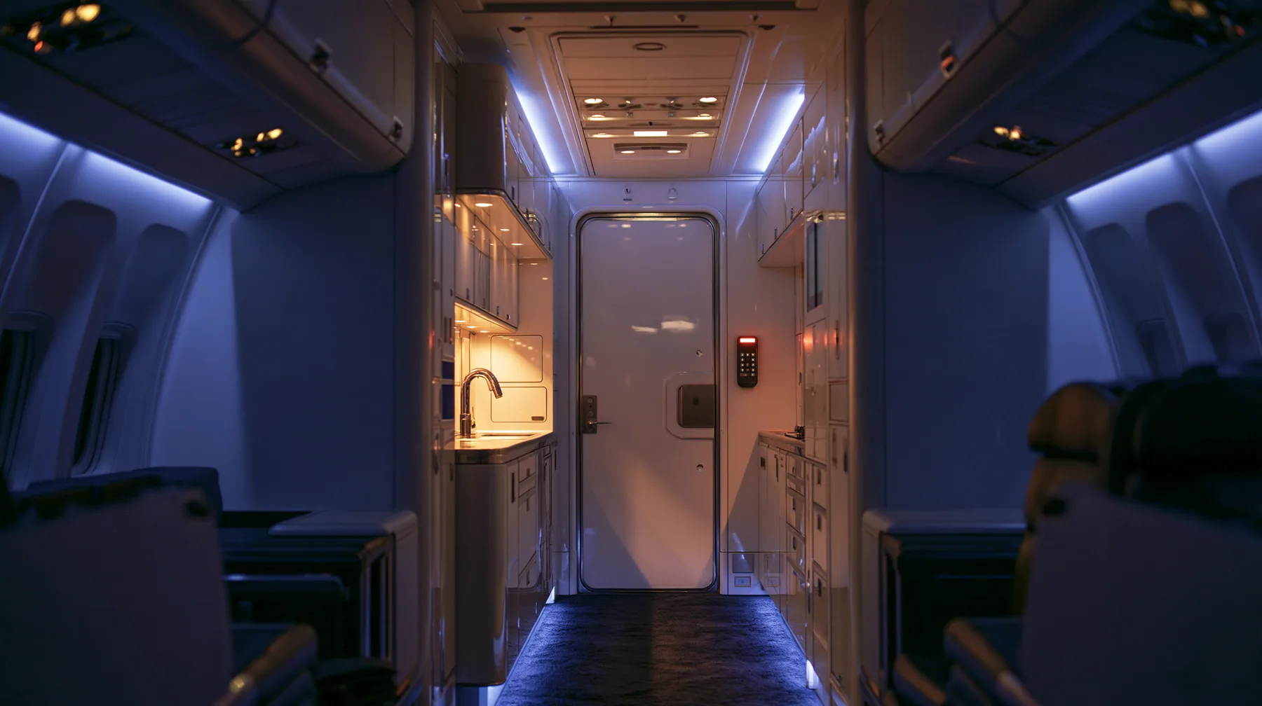 Jet-set editorial: from the first-class aisle of an airliner at night looking toward the closed cockpit door, a small keypad with a red light on the wall beside it, warm galley lights, indigo mood lighting,…