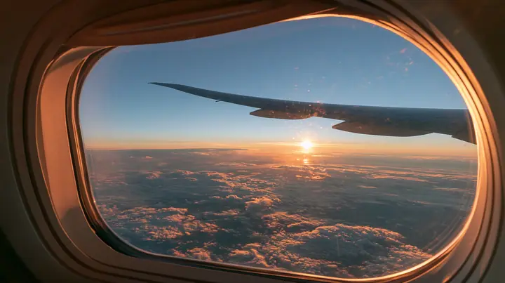Jet-set editorial: the view out of an oval airliner window at dawn, the wing over a sea of clouds, the sun rising gold on the horizon, the window frame and shade in the foreground, 35mm lens, no text, no letters, no…