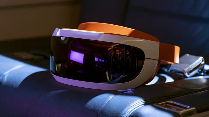 Jet-set editorial product still life: a sleek glossy white virtual-reality headset visor with a clay-orange band resting on a navy leather airplane seat at night, the glossy black front glass reflecting violet cabin…