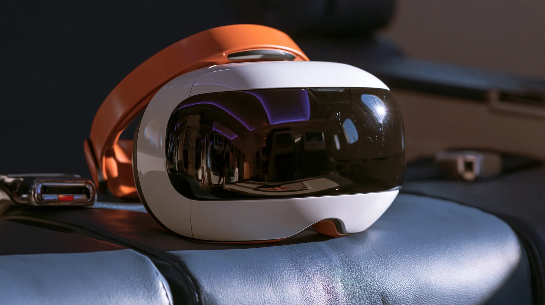 Jet-set editorial product still life: a sleek glossy white virtual-reality headset visor with a clay-orange band resting on a navy leather airplane seat at night, the glossy black front glass reflecting violet cabin…