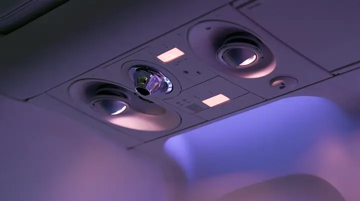 Jet-set editorial still life: an extreme close-up of the overhead passenger service panel above an airliner seat at night, two round reading lights, a chrome air nozzle, two small blank glowing sign panels, a…