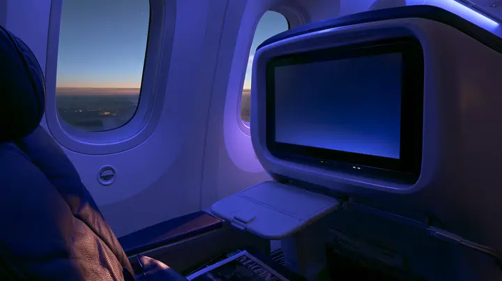 Jet-set editorial still life: the point of view from a window seat on a night flight, the seat-back screen in front glowing a blank deep navy, the tray table latched, a magazine in the seat pocket, the oval window at…