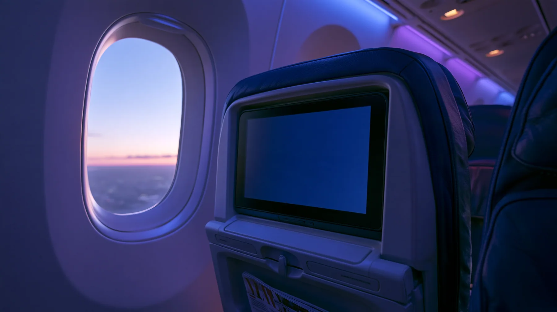 Jet-set editorial still life: the point of view from a window seat on a night flight, the seat-back screen in front glowing a blank deep navy, the tray table latched, a magazine in the seat pocket, the oval window at…