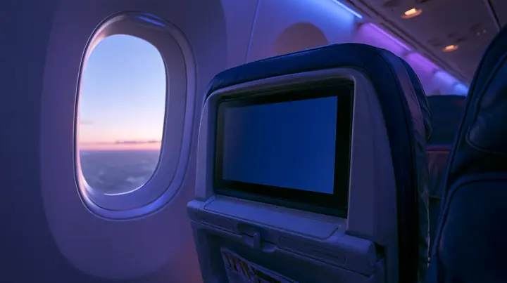 Jet-set editorial still life: the point of view from a window seat on a night flight, the seat-back screen in front glowing a blank deep navy, the tray table latched, a magazine in the seat pocket, the oval window at…