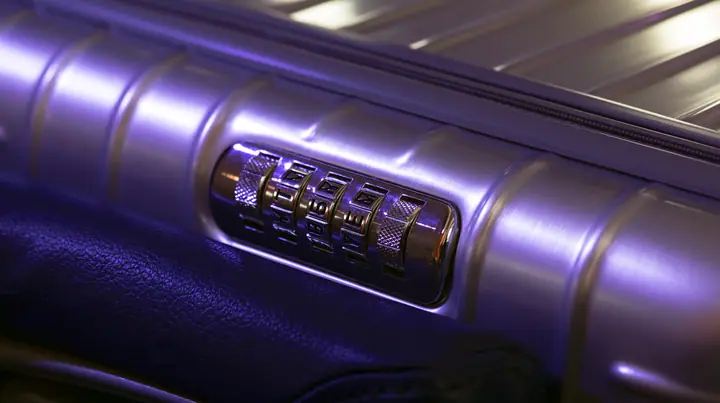 Jet-set editorial still life: a macro shot of a brushed-aluminum carry-on suitcase on a navy leather airplane seat, its built-in combination lock with five knurled metal letter tumbler wheels, violet cabin light…