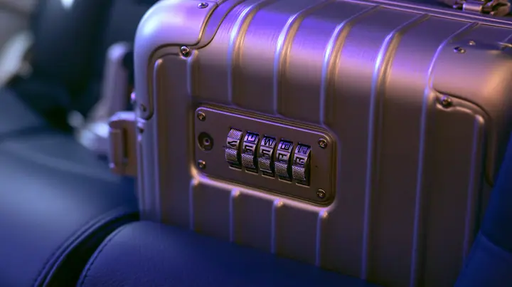 Jet-set editorial still life: a macro shot of a brushed-aluminum carry-on suitcase on a navy leather airplane seat, its built-in combination lock with five knurled metal letter tumbler wheels, violet cabin light…