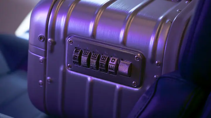 Jet-set editorial still life: a macro shot of a brushed-aluminum carry-on suitcase on a navy leather airplane seat, its built-in combination lock with five knurled metal letter tumbler wheels, violet cabin light…