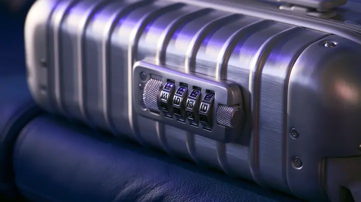 Jet-set editorial still life: a macro shot of a brushed-aluminum carry-on suitcase on a navy leather airplane seat, its built-in combination lock with five knurled metal letter tumbler wheels, violet cabin light…
