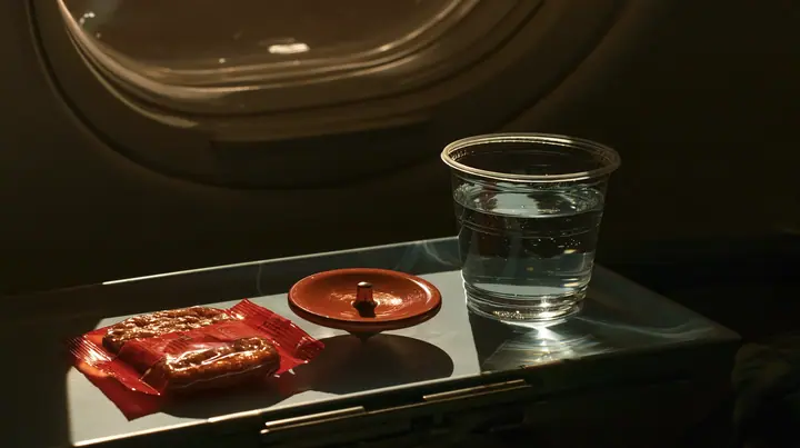 Jet-set editorial still life: a macro shot of an airplane tray table at night, a small polished clay-orange metal spinning top balanced on its point mid-spin, beside it a caramelized biscuit cookie in a red wrapper…
