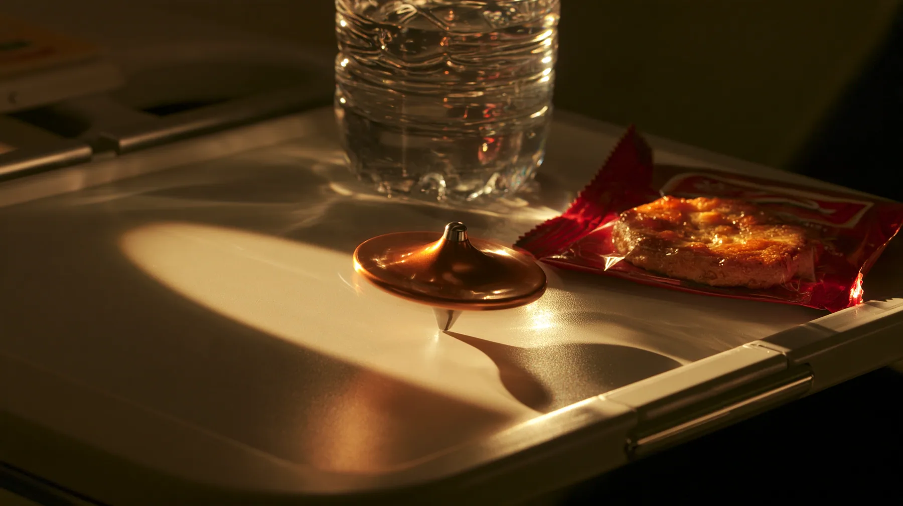 Jet-set editorial still life: a macro shot of an airplane tray table at night, a small polished clay-orange metal spinning top balanced on its point mid-spin, beside it a caramelized biscuit cookie in a red wrapper…