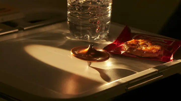 Jet-set editorial still life: a macro shot of an airplane tray table at night, a small polished clay-orange metal spinning top balanced on its point mid-spin, beside it a caramelized biscuit cookie in a red wrapper…
