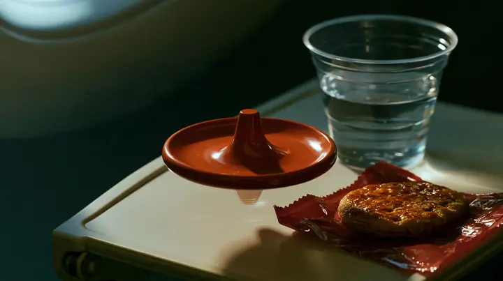 Jet-set editorial still life: a macro shot of an airplane tray table at night, a small polished clay-orange metal spinning top balanced on its point mid-spin, beside it a caramelized biscuit cookie in a red wrapper…
