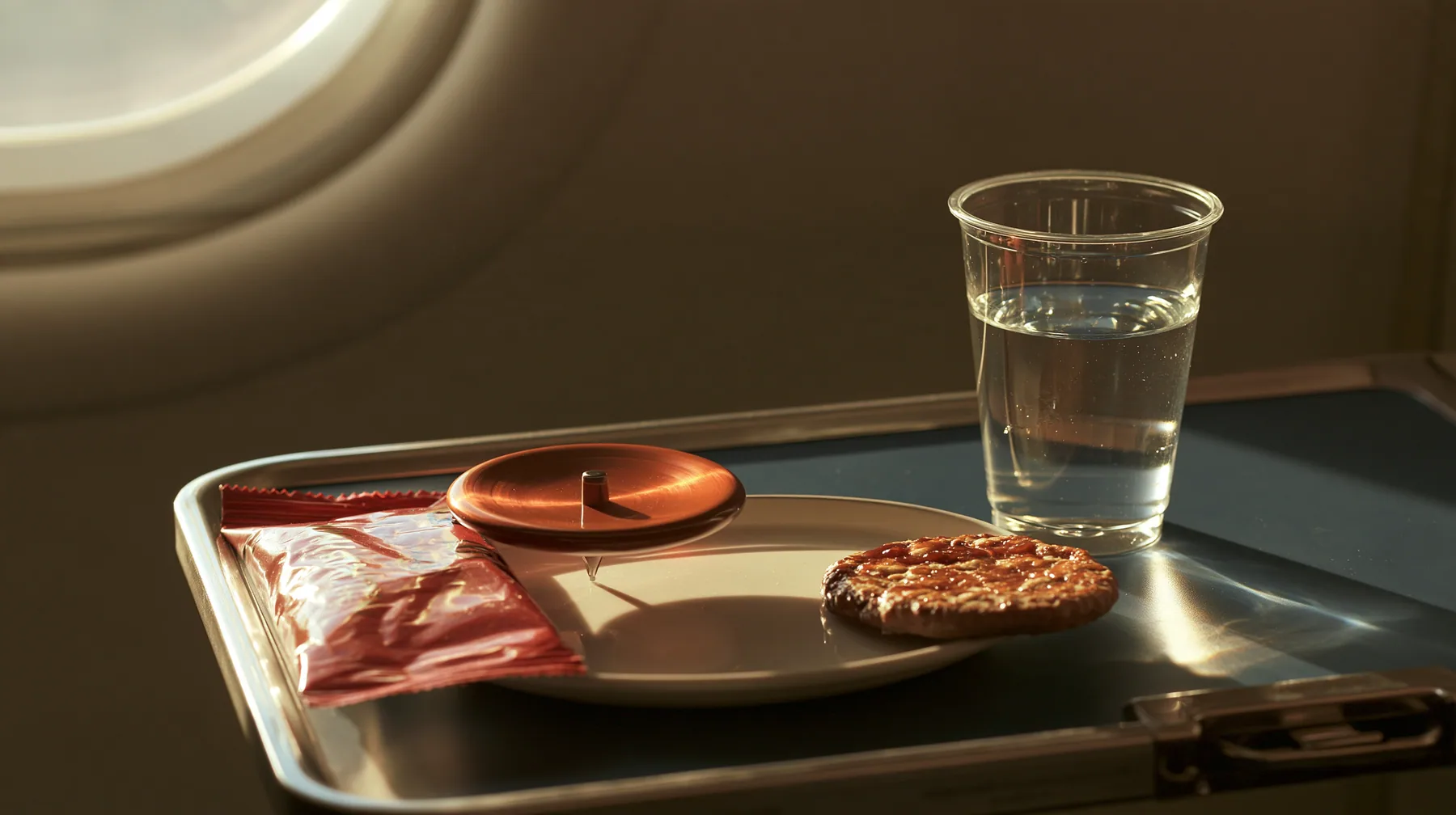 Jet-set editorial still life: a macro shot of an airplane tray table at night, a small polished clay-orange metal spinning top balanced on its point mid-spin, beside it a caramelized biscuit cookie in a red wrapper…