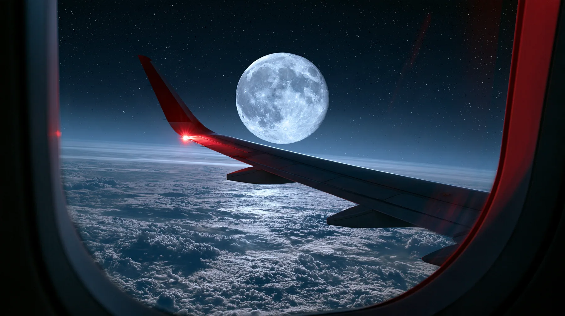 Jet-set editorial: the view out of an oval airliner window at night, a huge full moon above an endless sea of clouds lit silver, the wingtip light glowing red, stars, the window frame soft in the foreground, 50mm…