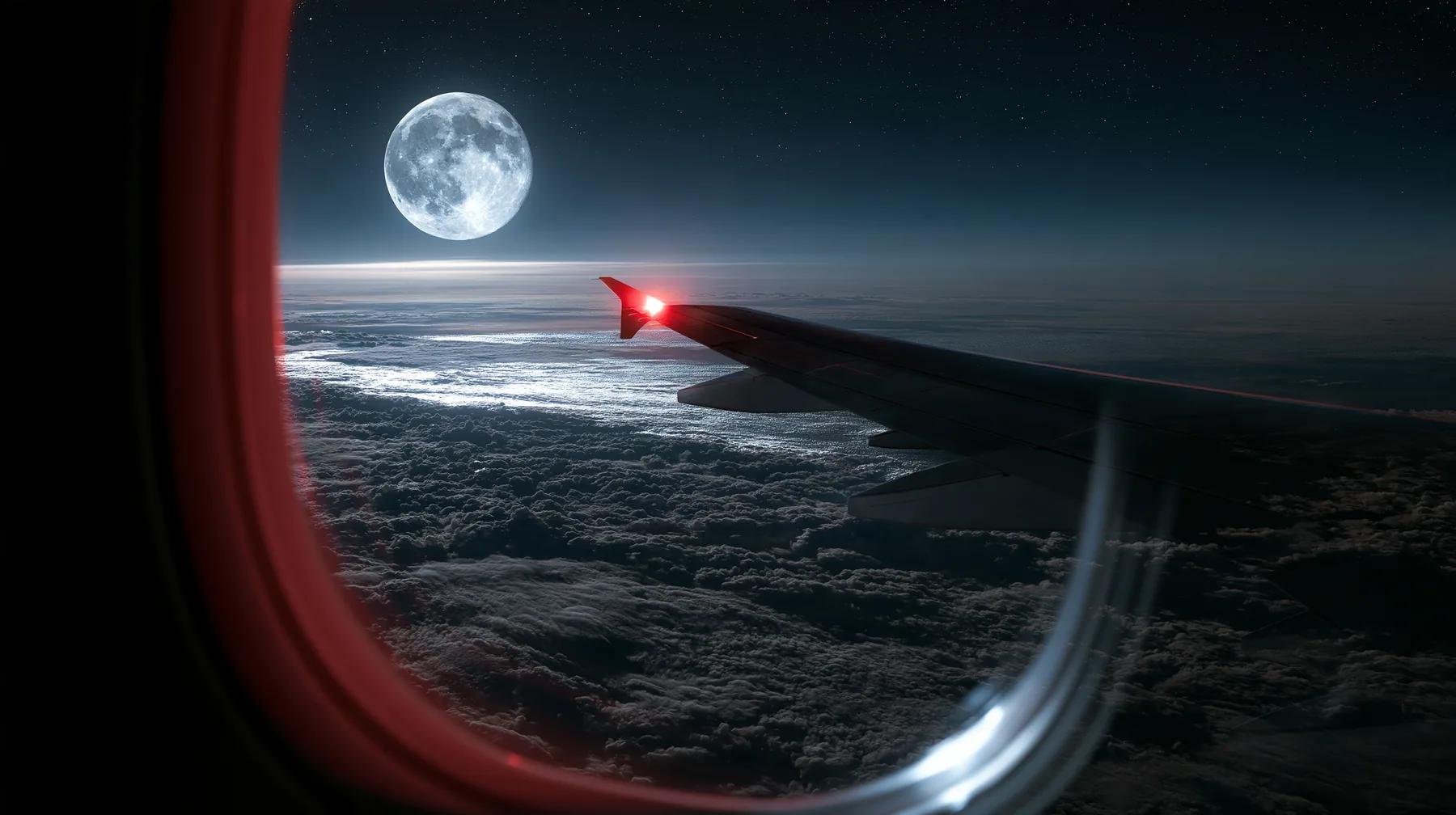 Jet-set editorial: the view out of an oval airliner window at night, a huge full moon above an endless sea of clouds lit silver, the wingtip light glowing red, stars, the window frame soft in the foreground, 50mm…