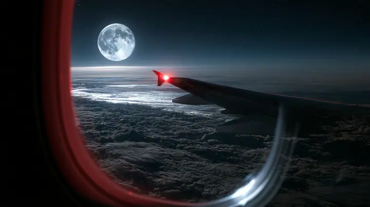 Jet-set editorial: the view out of an oval airliner window at night, a huge full moon above an endless sea of clouds lit silver, the wingtip light glowing red, stars, the window frame soft in the foreground, 50mm…