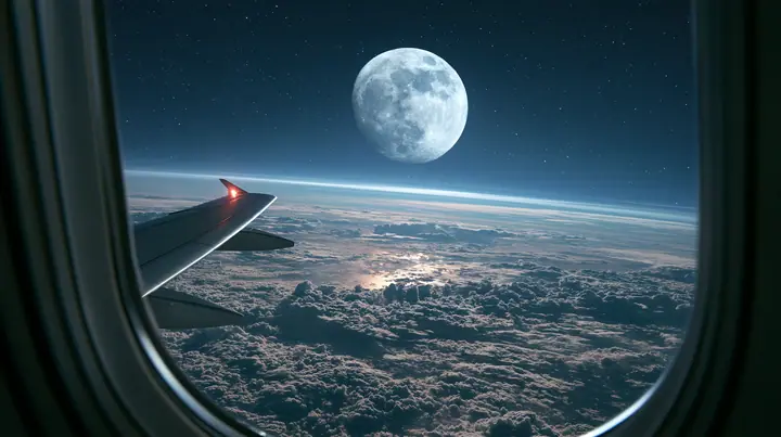 Jet-set editorial: the view out of an oval airliner window at night, a huge full moon above an endless sea of clouds lit silver, the wingtip light glowing red, stars, the window frame soft in the foreground, 50mm…