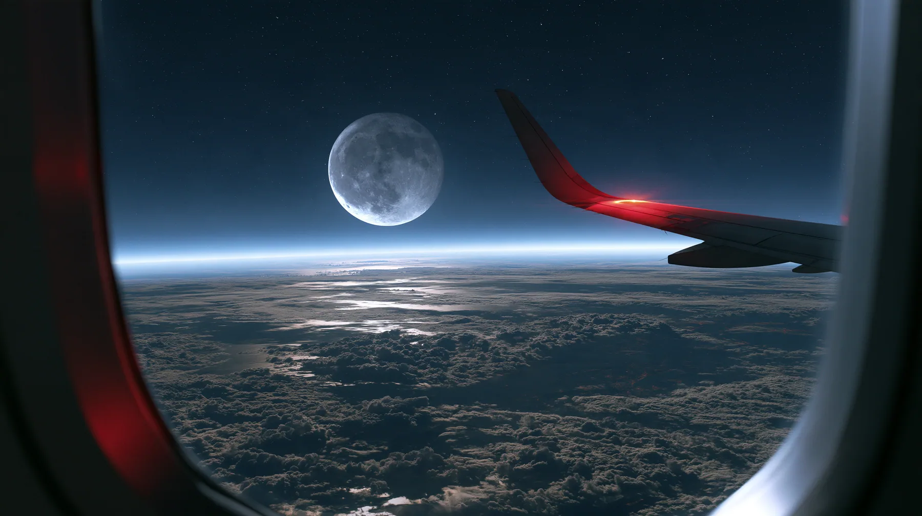 Jet-set editorial: the view out of an oval airliner window at night, a huge full moon above an endless sea of clouds lit silver, the wingtip light glowing red, stars, the window frame soft in the foreground, 50mm…
