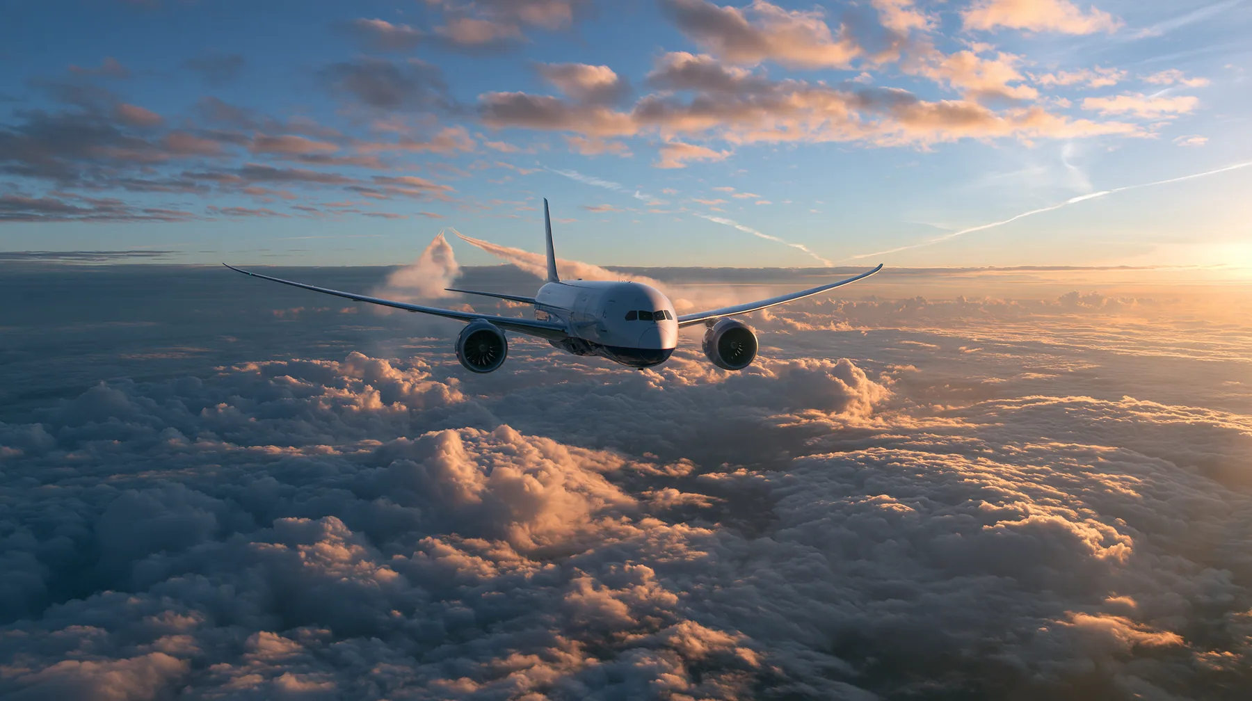 Jet-set editorial: an airliner in flight above an endless sea of clouds at sunrise, seen from slightly above and behind, white fuselage and navy-blue belly and engines, long contrails behind it like the lanes of a…