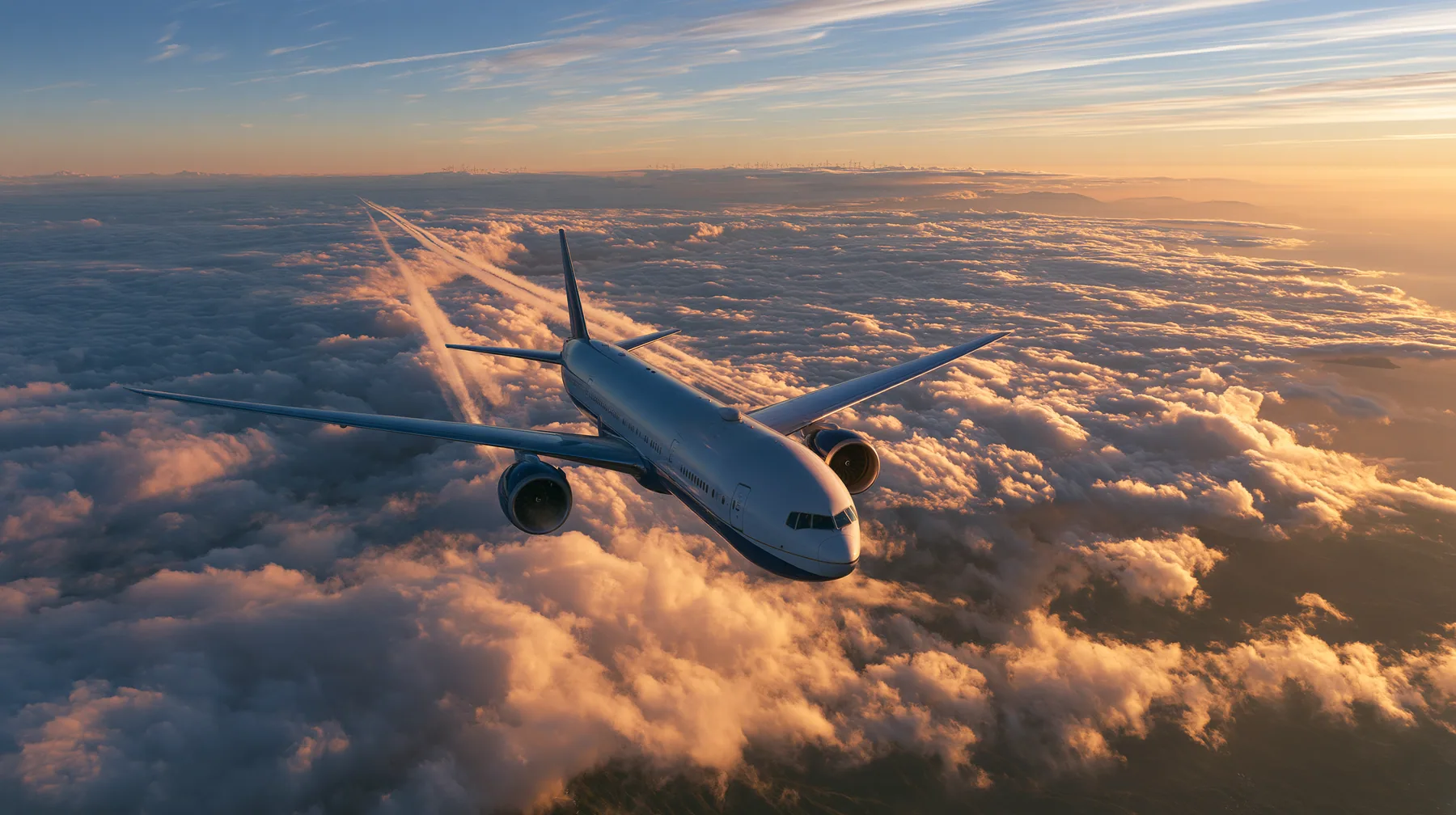 Jet-set editorial: an airliner in flight above an endless sea of clouds at sunrise, seen from slightly above and behind, white fuselage and navy-blue belly and engines, long contrails behind it like the lanes of a…