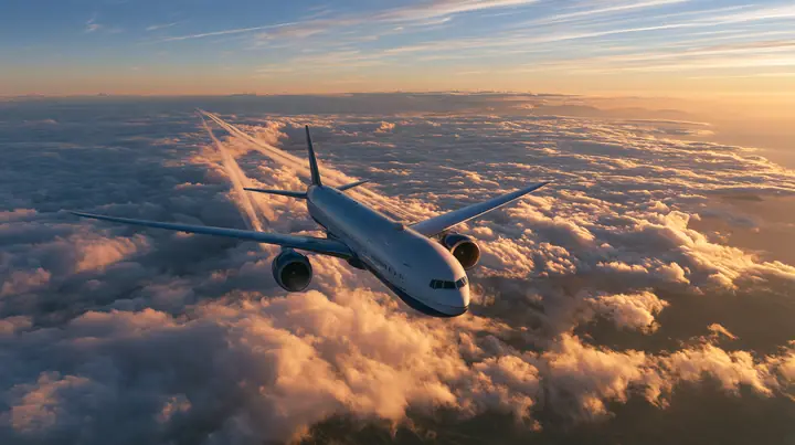 Jet-set editorial: an airliner in flight above an endless sea of clouds at sunrise, seen from slightly above and behind, white fuselage and navy-blue belly and engines, long contrails behind it like the lanes of a…