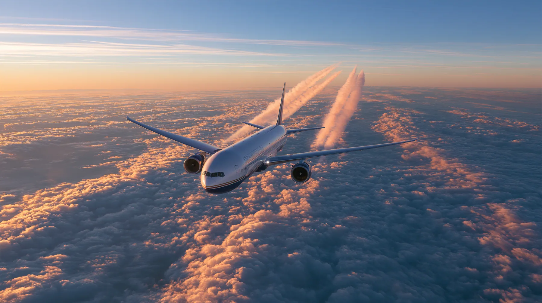 Jet-set editorial: an airliner in flight above an endless sea of clouds at sunrise, seen from slightly above and behind, white fuselage and navy-blue belly and engines, long contrails behind it like the lanes of a…