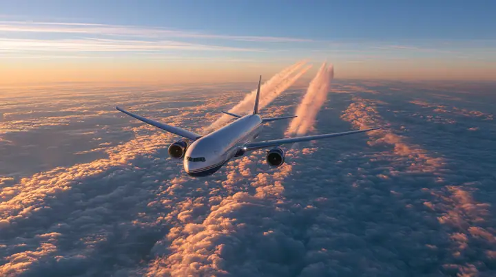 Jet-set editorial: an airliner in flight above an endless sea of clouds at sunrise, seen from slightly above and behind, white fuselage and navy-blue belly and engines, long contrails behind it like the lanes of a…