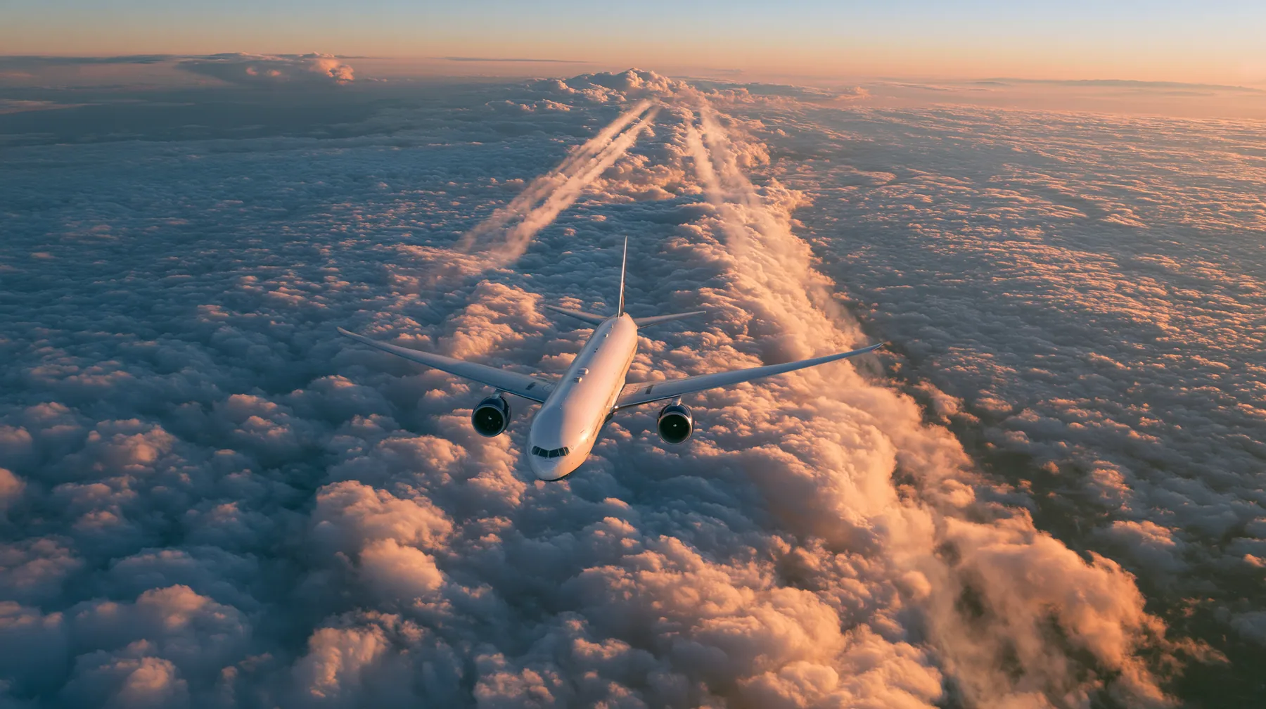 Jet-set editorial: an airliner in flight above an endless sea of clouds at sunrise, seen from slightly above and behind, white fuselage and navy-blue belly and engines, long contrails behind it like the lanes of a…