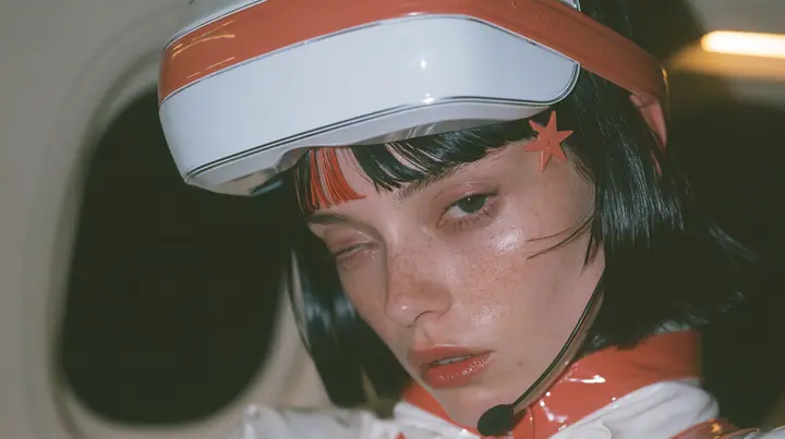 Jet-set high fashion editorial, a couture magazine story shot on a night flight: a close-up of a Caucasian American woman in her late twenties with a grown-up angular face, defined cheekbones and a strong jawline,…