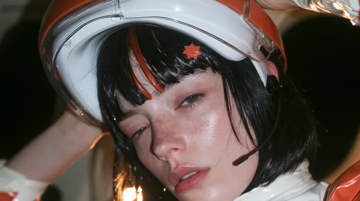 Jet-set high fashion editorial, a couture magazine story shot on a night flight: a close-up of a Caucasian American woman in her late twenties with a grown-up angular face, defined cheekbones and a strong jawline,…