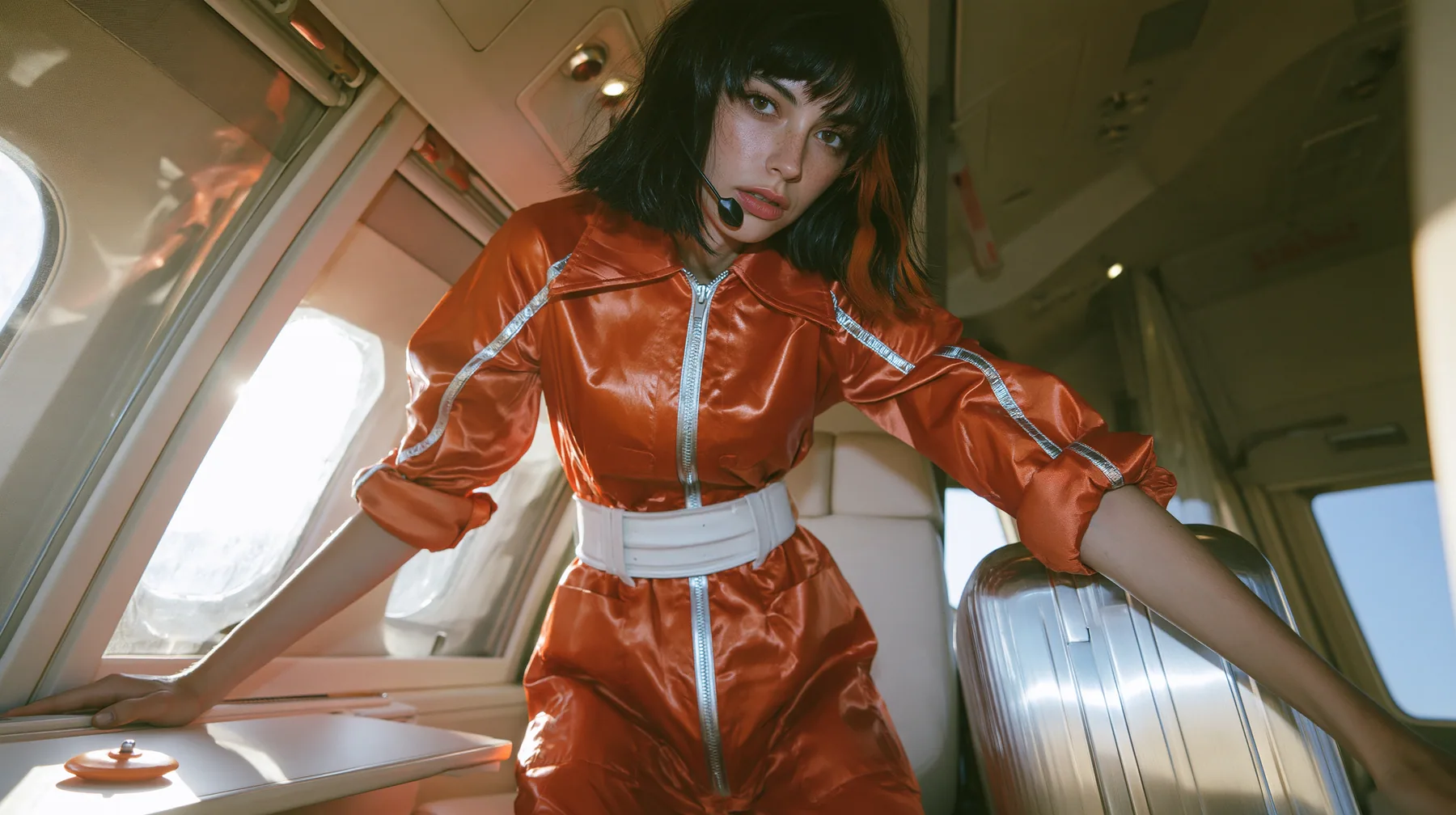 Jet-set high fashion editorial, a couture magazine story shot on a morning arrival: a medium-wide shot of a Caucasian American woman in her late twenties with pale skin and a glossy black blunt bob with heavy…