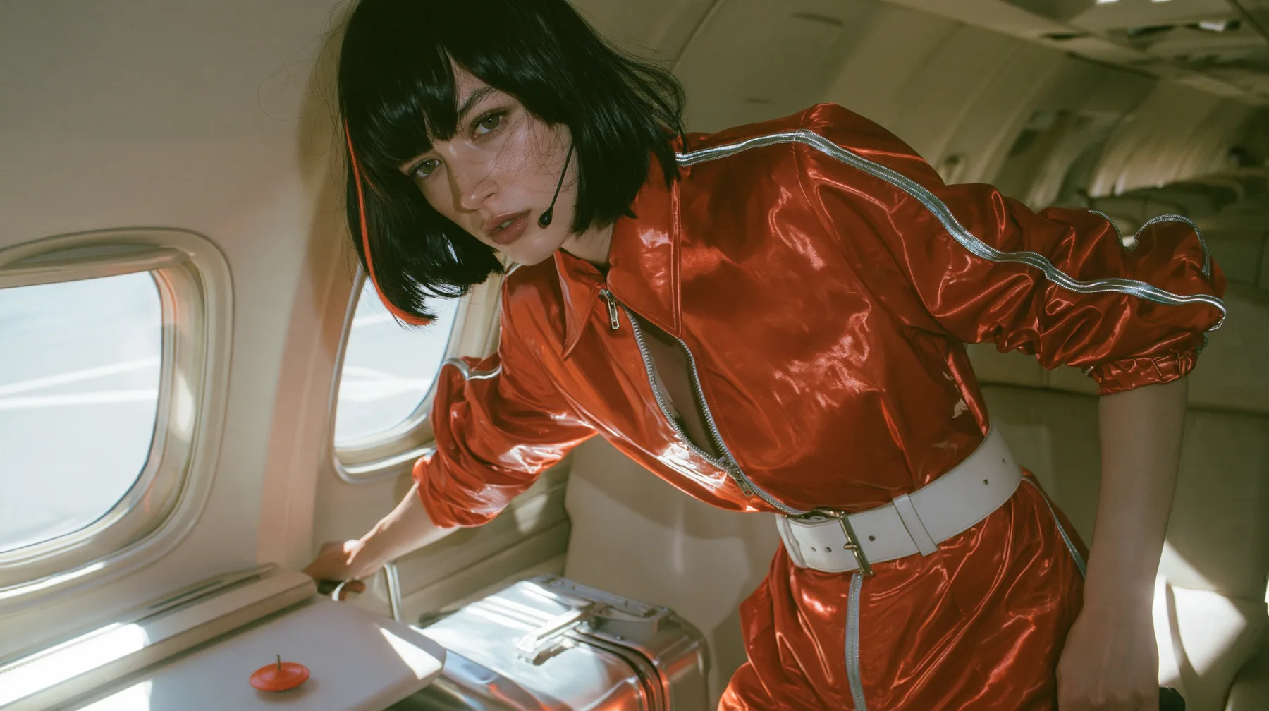 Jet-set high fashion editorial, a couture magazine story shot on a morning arrival: a medium-wide shot of a Caucasian American woman in her late twenties with pale skin and a glossy black blunt bob with heavy…