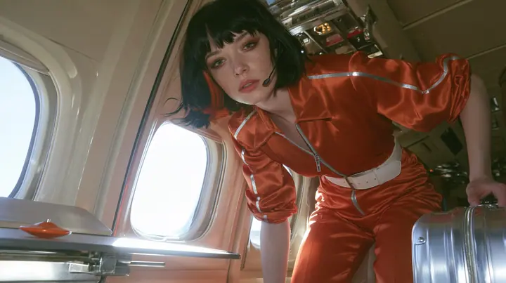 Jet-set high fashion editorial, a couture magazine story shot on a morning arrival: a medium-wide shot of a Caucasian American woman in her late twenties with pale skin and a glossy black blunt bob with heavy…