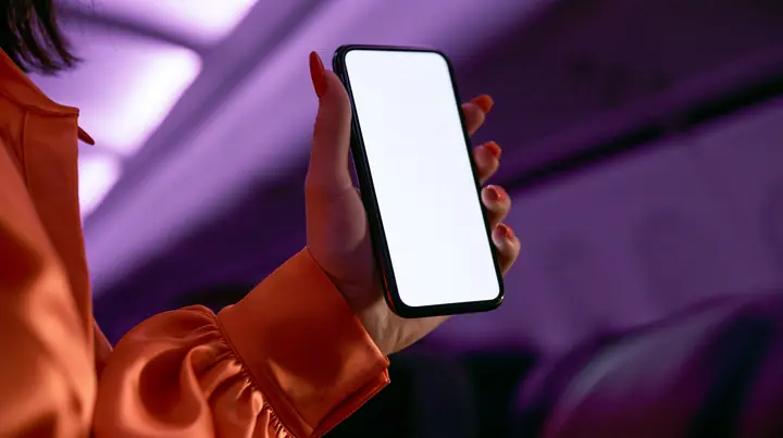 Jet-set editorial still life: an extreme close-up of a woman's hand with clay-orange nail polish holding a glossy black smartphone upright toward the lens, its screen a blank glowing white, the sleeve of a glossy…