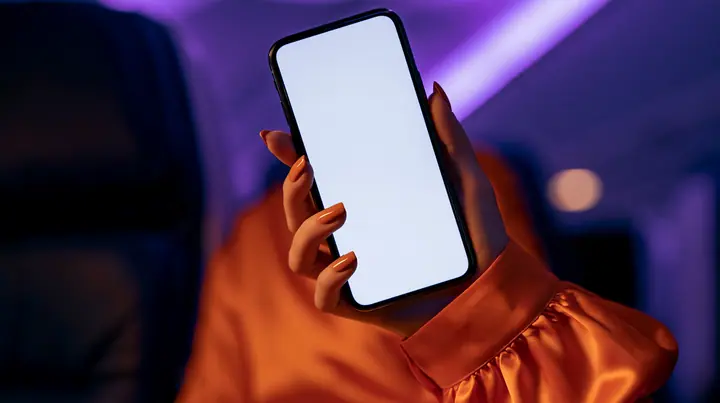 Jet-set editorial still life: an extreme close-up of a woman's hand with clay-orange nail polish holding a glossy black smartphone upright toward the lens, its screen a blank glowing white, the sleeve of a glossy…