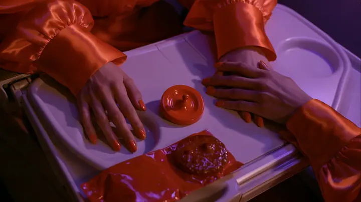 Jet-set editorial: a top-down overhead shot of an airplane tray table at night, a woman's hands with clay-orange nail polish and international-orange satin cuffs resting on its edges, a small polished clay-orange…