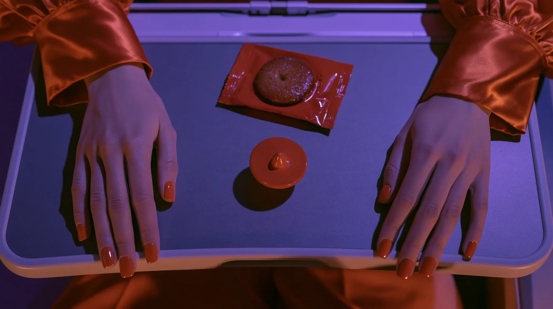 Jet-set editorial: a top-down overhead shot of an airplane tray table at night, a woman's hands with clay-orange nail polish and international-orange satin cuffs resting on its edges, a small polished clay-orange…