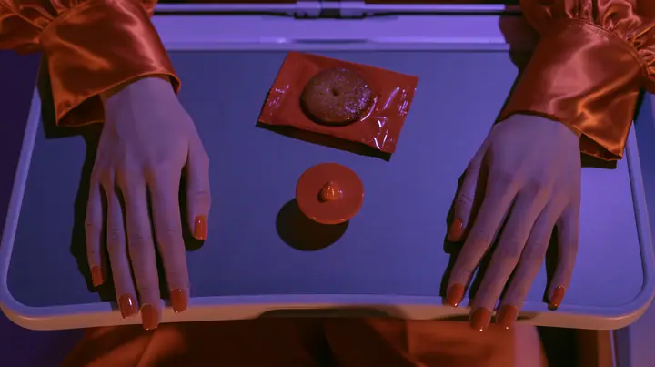 Jet-set editorial: a top-down overhead shot of an airplane tray table at night, a woman's hands with clay-orange nail polish and international-orange satin cuffs resting on its edges, a small polished clay-orange…