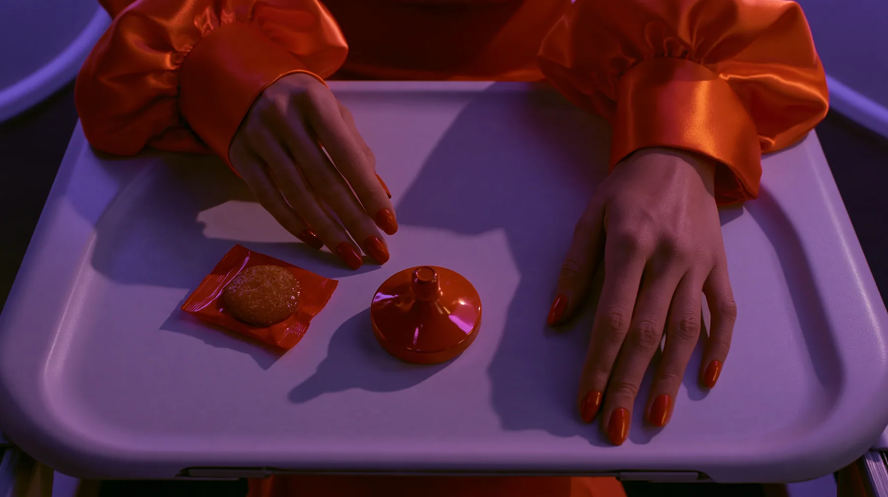 Jet-set editorial: a top-down overhead shot of an airplane tray table at night, a woman's hands with clay-orange nail polish and international-orange satin cuffs resting on its edges, a small polished clay-orange…