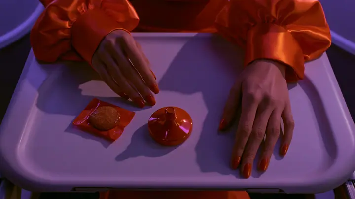 Jet-set editorial: a top-down overhead shot of an airplane tray table at night, a woman's hands with clay-orange nail polish and international-orange satin cuffs resting on its edges, a small polished clay-orange…